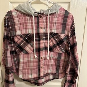 Nobo pink hooded crop plaid long sleeve shirt